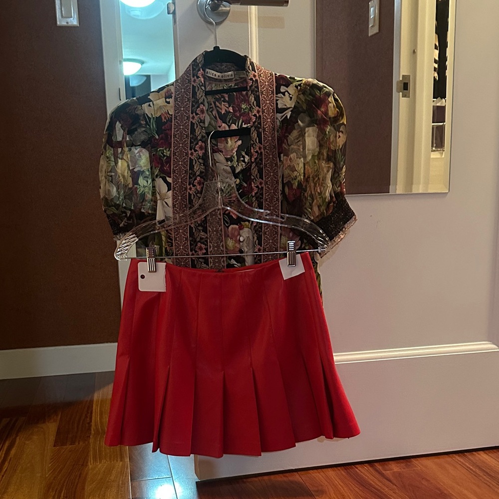 Alice + Olivia Floral Blouse with Red Pleated Skirt
